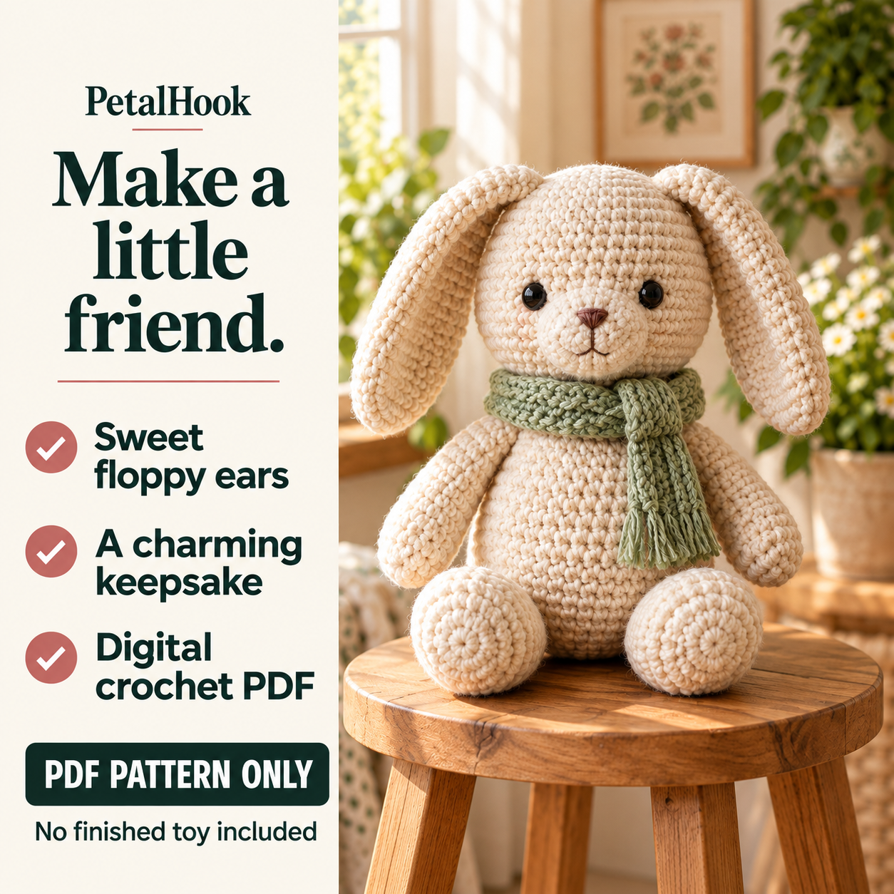 PetalHook pattern overview: Little Bunny. Sweet floppy ears. A charming keepsake. Digital crochet PDF. No finished toy included.