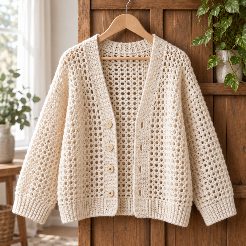Everyday Cardigan in oatmeal crochet with wooden buttons