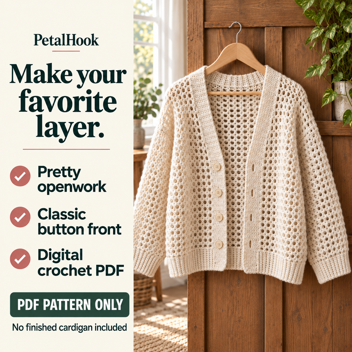 PetalHook pattern overview: Everyday Cardigan. Pretty openwork. Classic button front. Digital crochet PDF. No finished cardigan included.