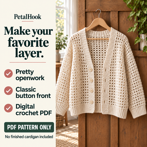 PetalHook pattern overview: Everyday Cardigan. Pretty openwork. Classic button front. Digital crochet PDF. No finished cardigan included.