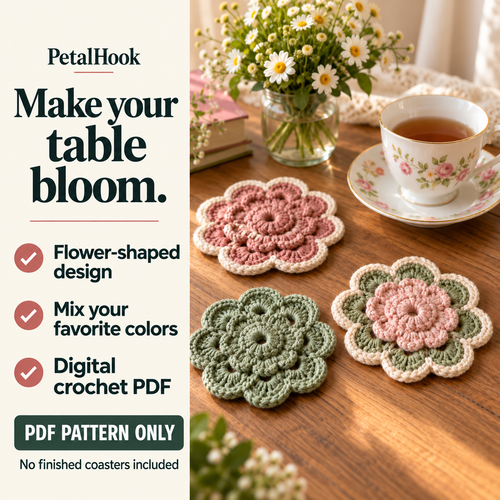 PetalHook pattern overview: Bloom Coasters. Flower-shaped design. Mix your favorite colors. Digital crochet PDF. No finished coasters included.