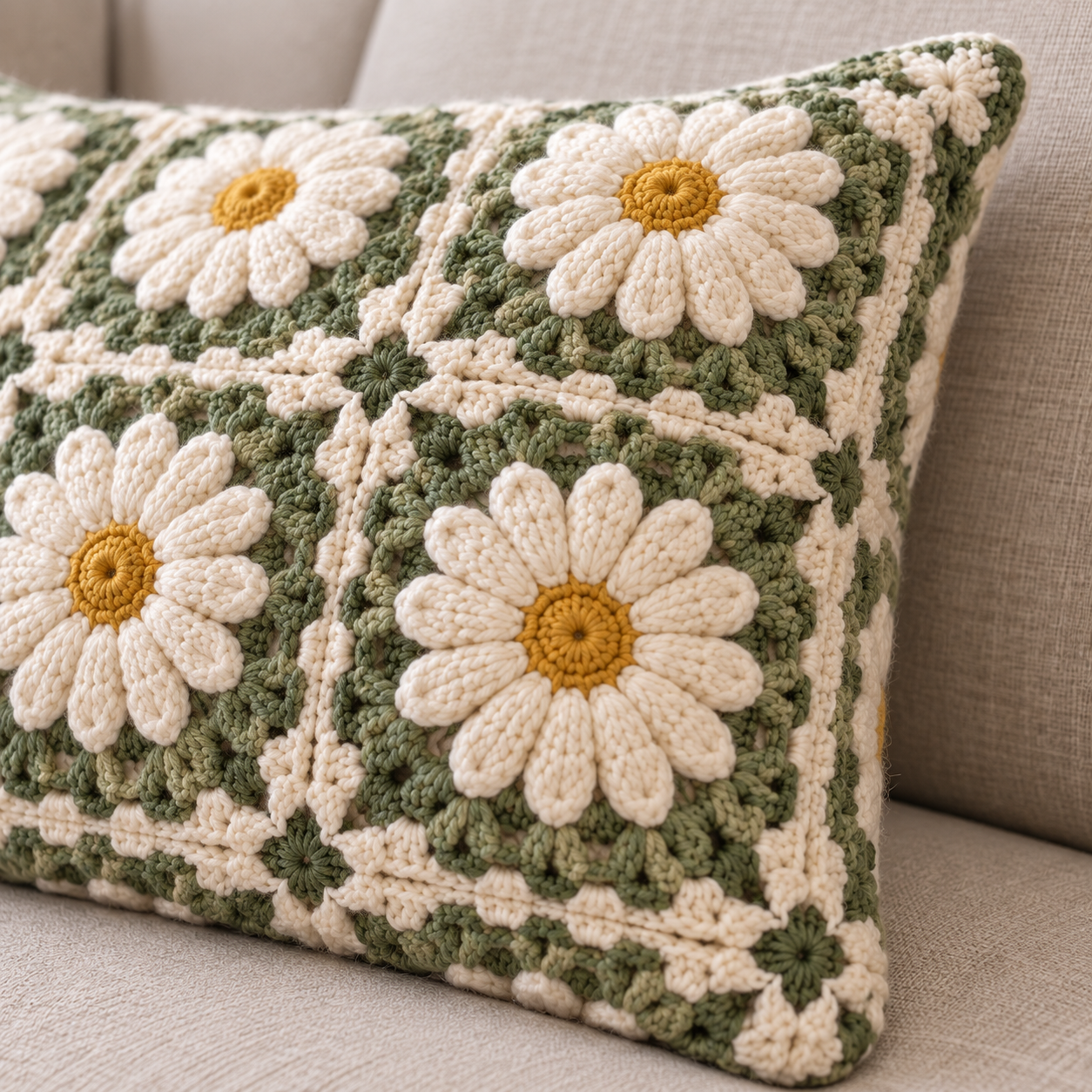 Detail view of the Meadow Cushion crochet design
