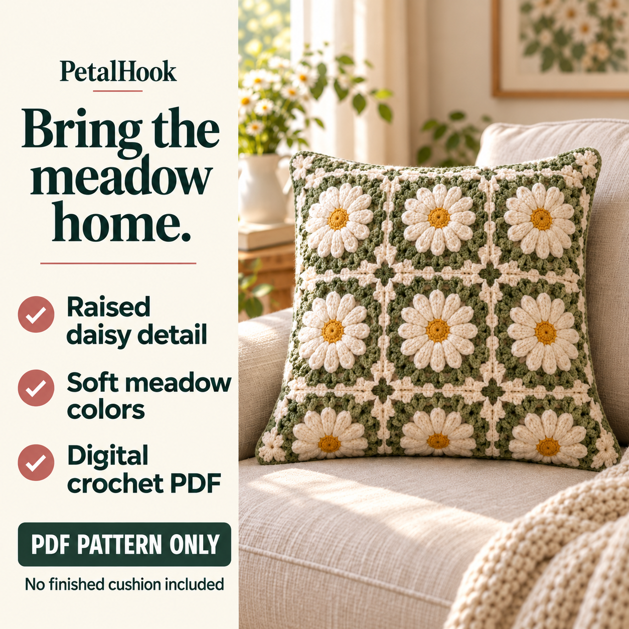 PetalHook pattern overview: Meadow Cushion. Raised daisy detail. Soft meadow colors. Digital crochet PDF. No finished cushion included.