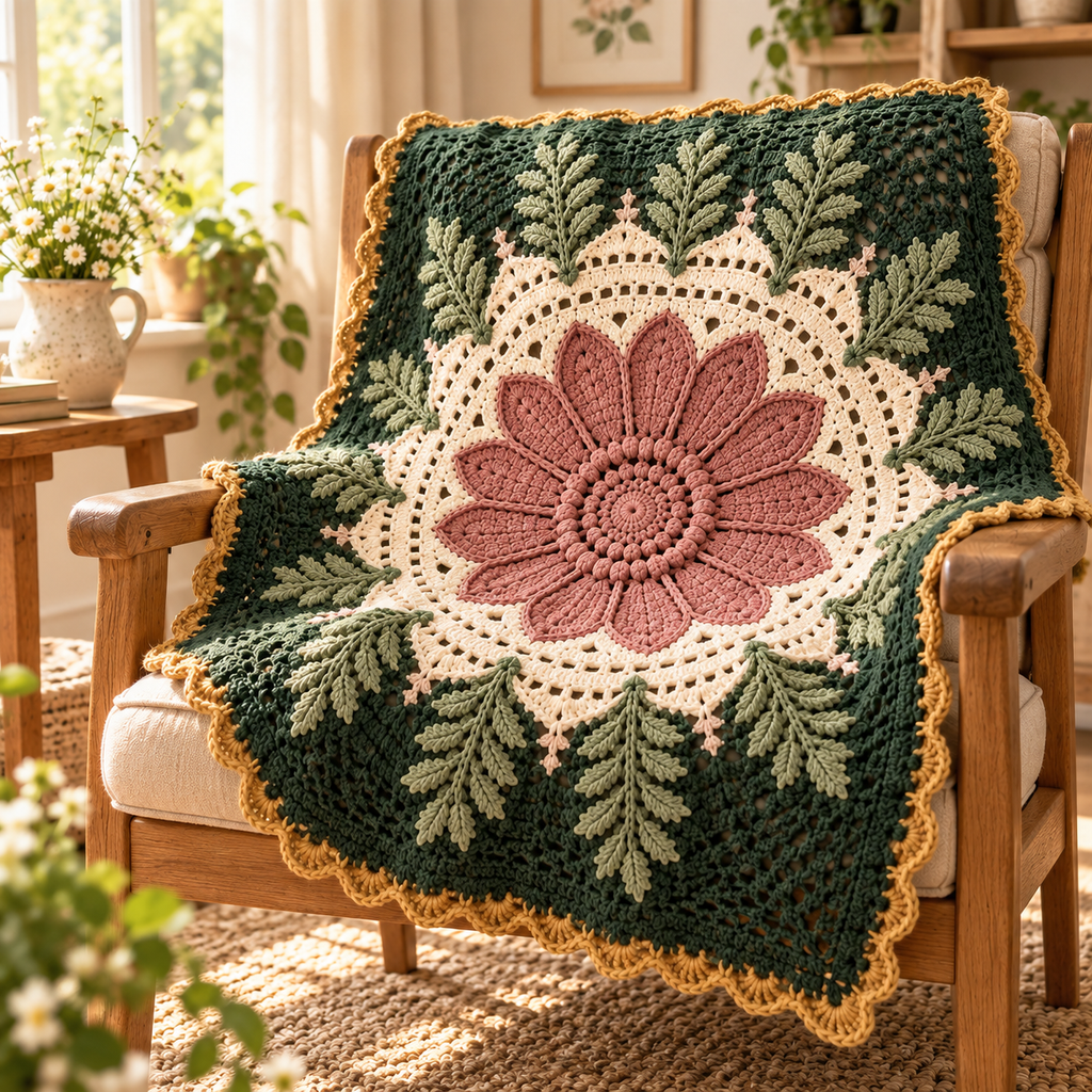 Fern & Bloom Mandala Blanket on an oak armchair in a sunlit cottage setting - PetalHook design illustration.