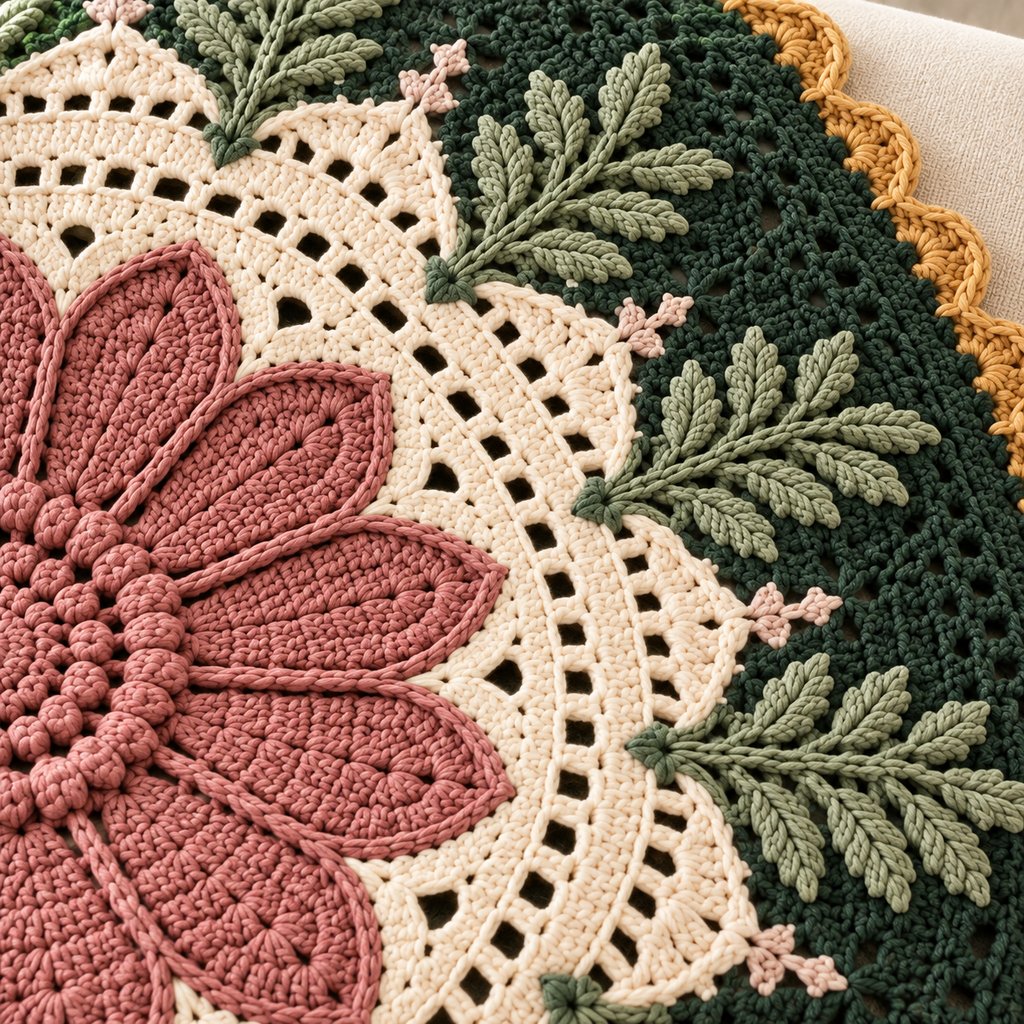 Studio design illustration showing the dusty-rose flower, ivory lace, sage fern motifs and ochre edge of Fern & Bloom Mandala Blanket.