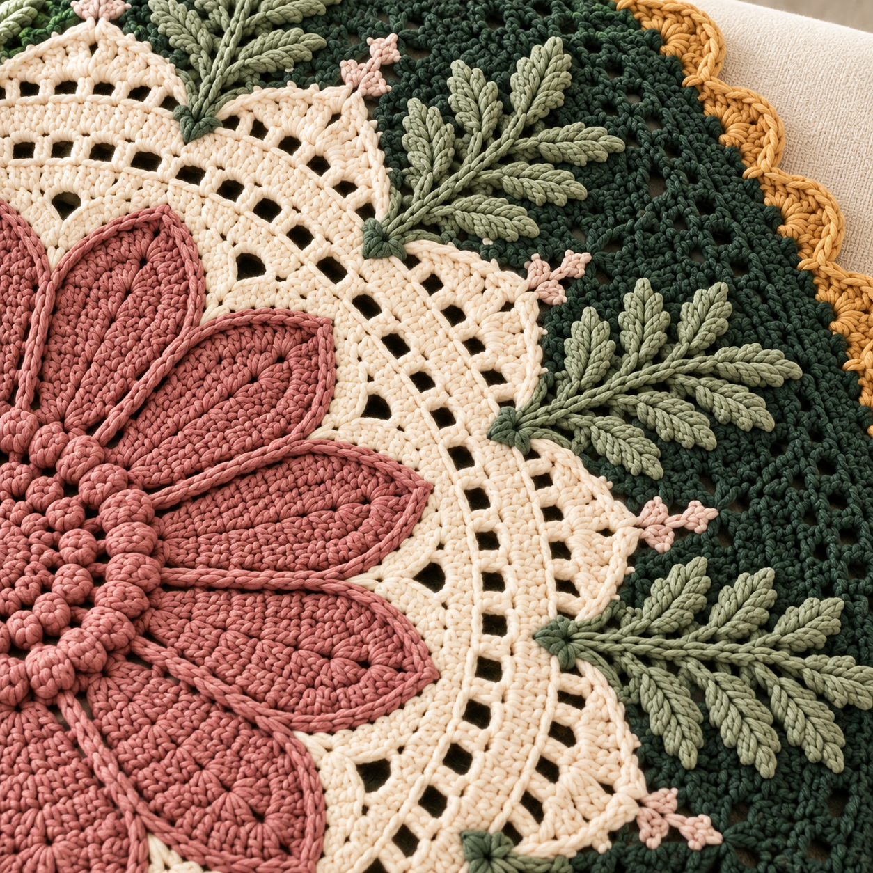 Studio design illustration showing the dusty-rose flower, ivory lace, sage fern motifs and ochre edge of Fern & Bloom Mandala Blanket.