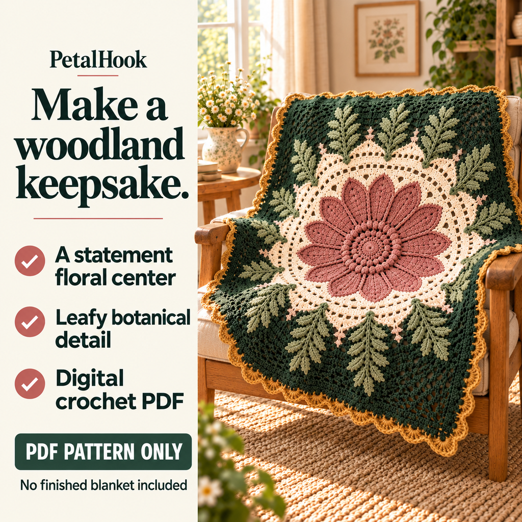 PetalHook pattern overview: Fern & Bloom Mandala Blanket. A statement floral center. Leafy botanical detail. Digital crochet PDF. No finished blanket included.