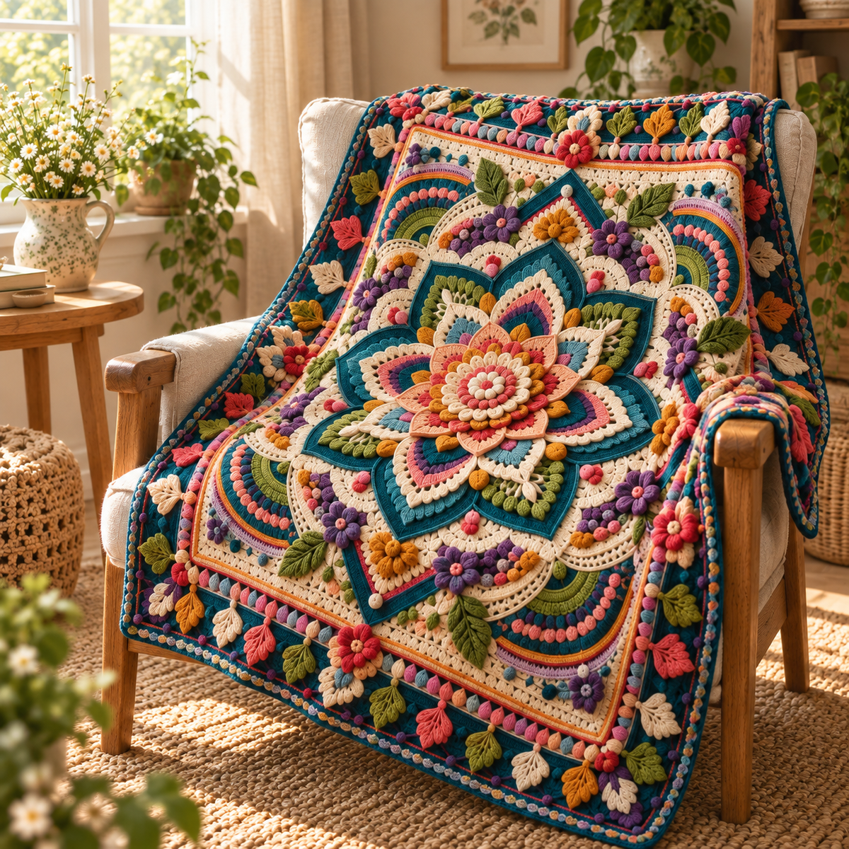 Mystic Mandala Blanket with layered jewel-tone floral crochet on a wooden armchair