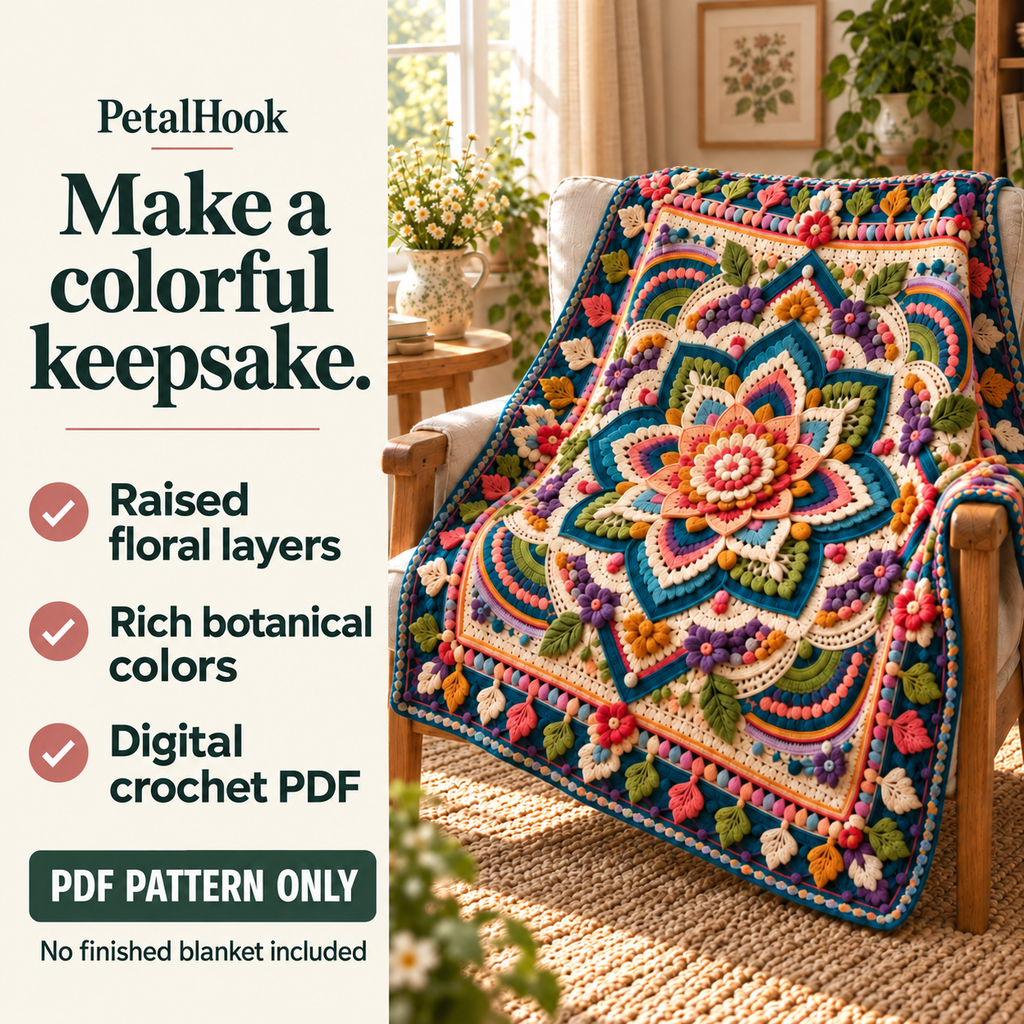 PetalHook pattern overview: Mystic Mandala Blanket. Raised floral layers. Rich botanical colors. Digital crochet PDF. No finished blanket included.