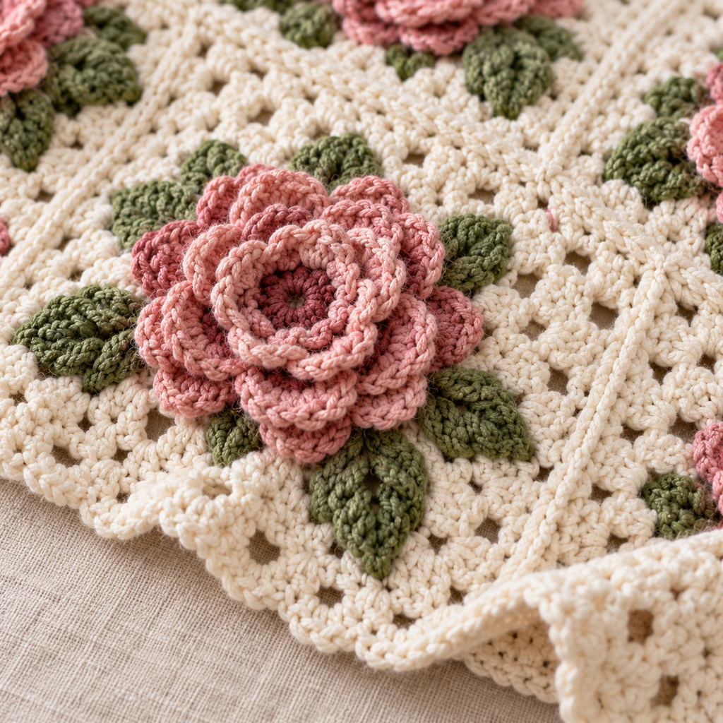 Detail view of the Rosehaven Bloom Blanket crochet design