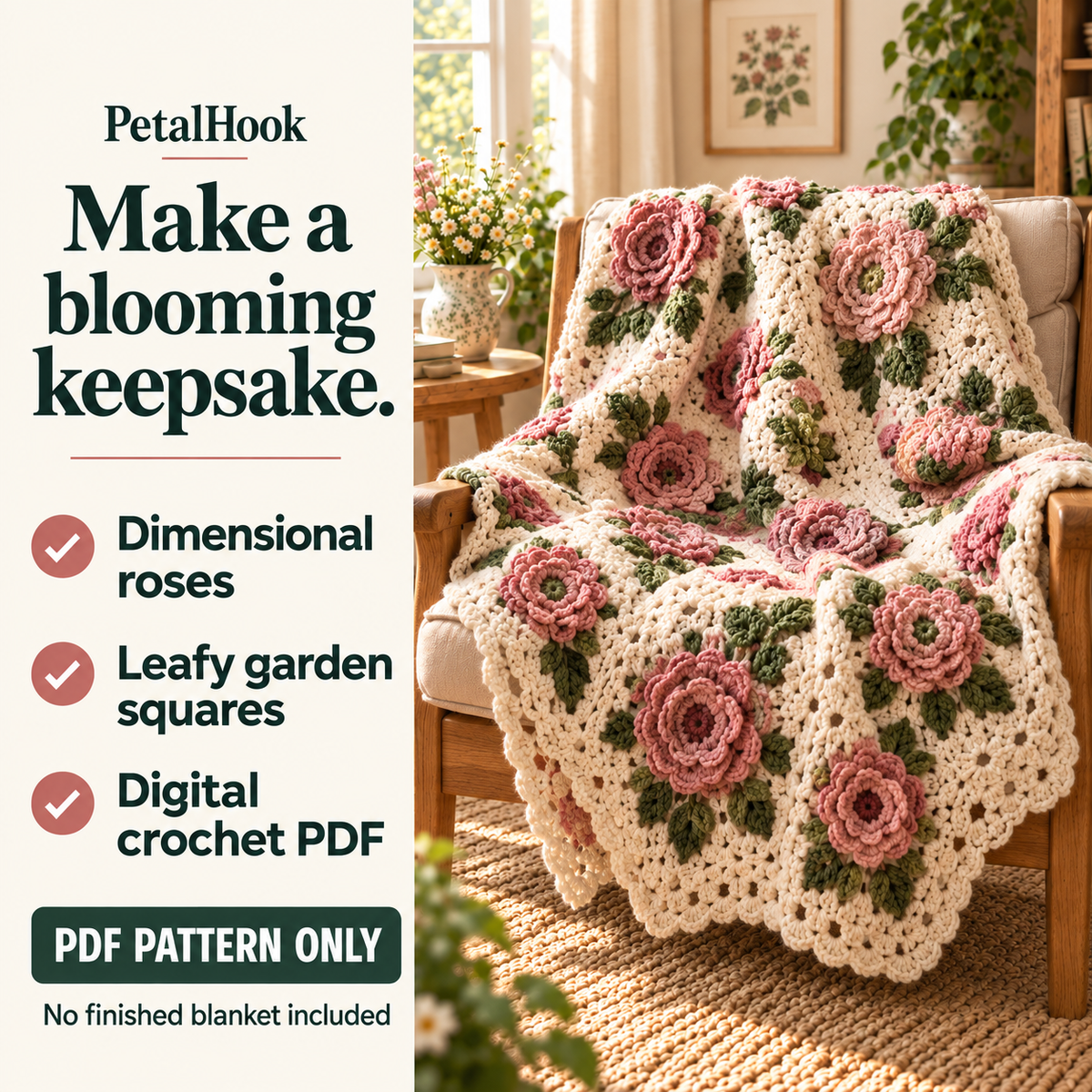 PetalHook pattern overview: Rosehaven Bloom Blanket. Dimensional roses. Leafy garden squares. Digital crochet PDF. No finished blanket included.